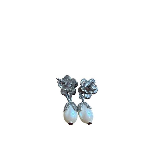 Floral Rhinestone Faux Pearl Bead Drop Earrings Silvertone Retro Minimalist - Picture 2 of 2